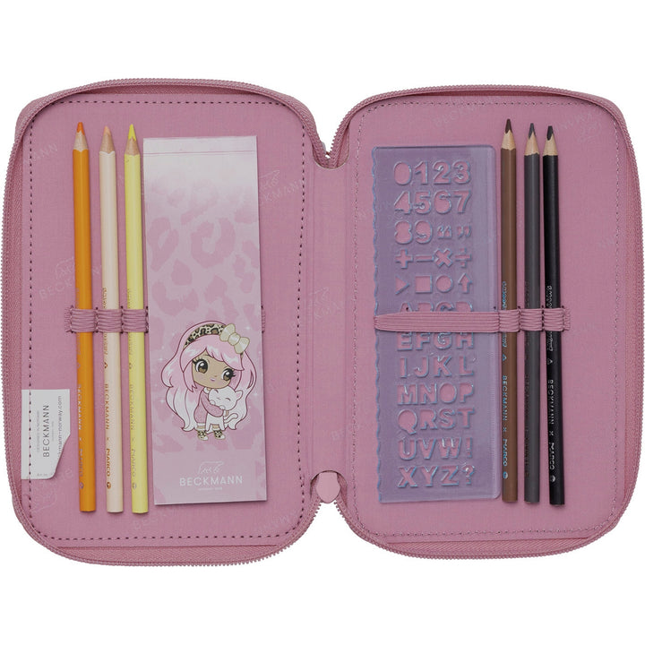 Three section pencil case w/content, Furry
