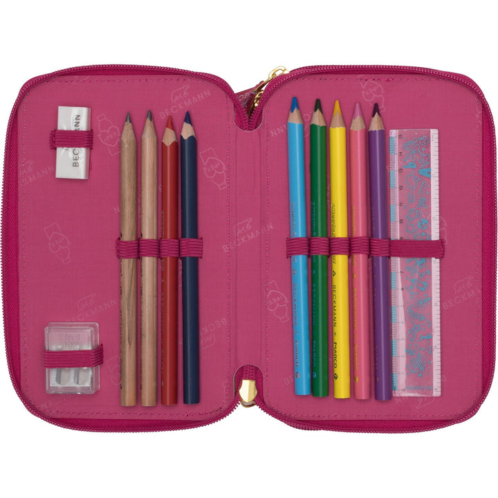 Three section pencil case w/content, Cherry