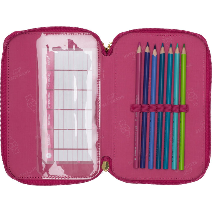 Three section pencil case w/content, Cherry