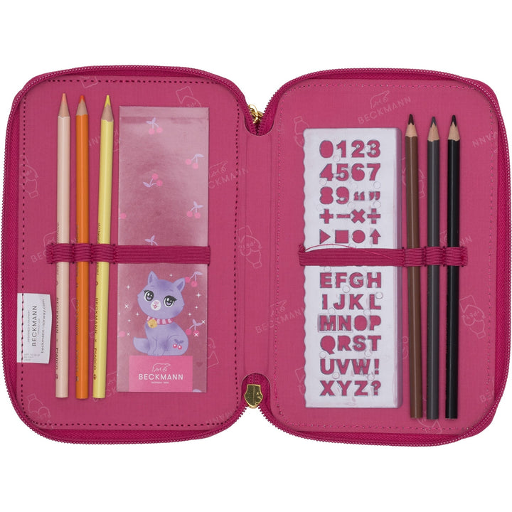 Three section pencil case w/content, Cherry
