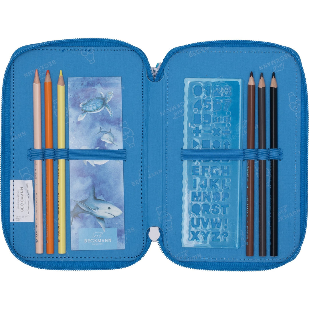 Three section pencil case w/content, Ocean