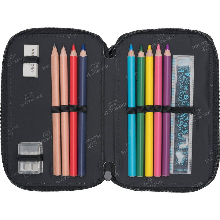 Three section pencil case w/content, Black