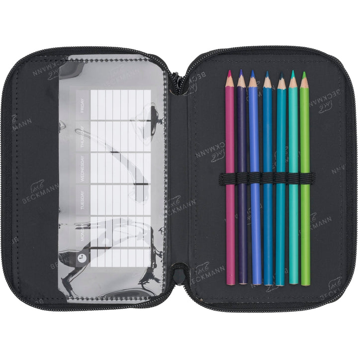 Three section pencil case w/content, Black