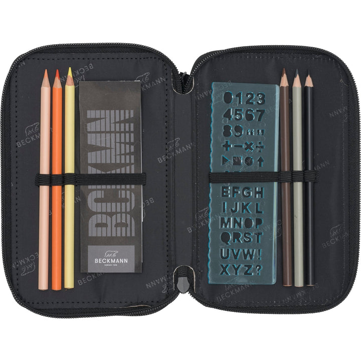 Three section pencil case w/content, Black